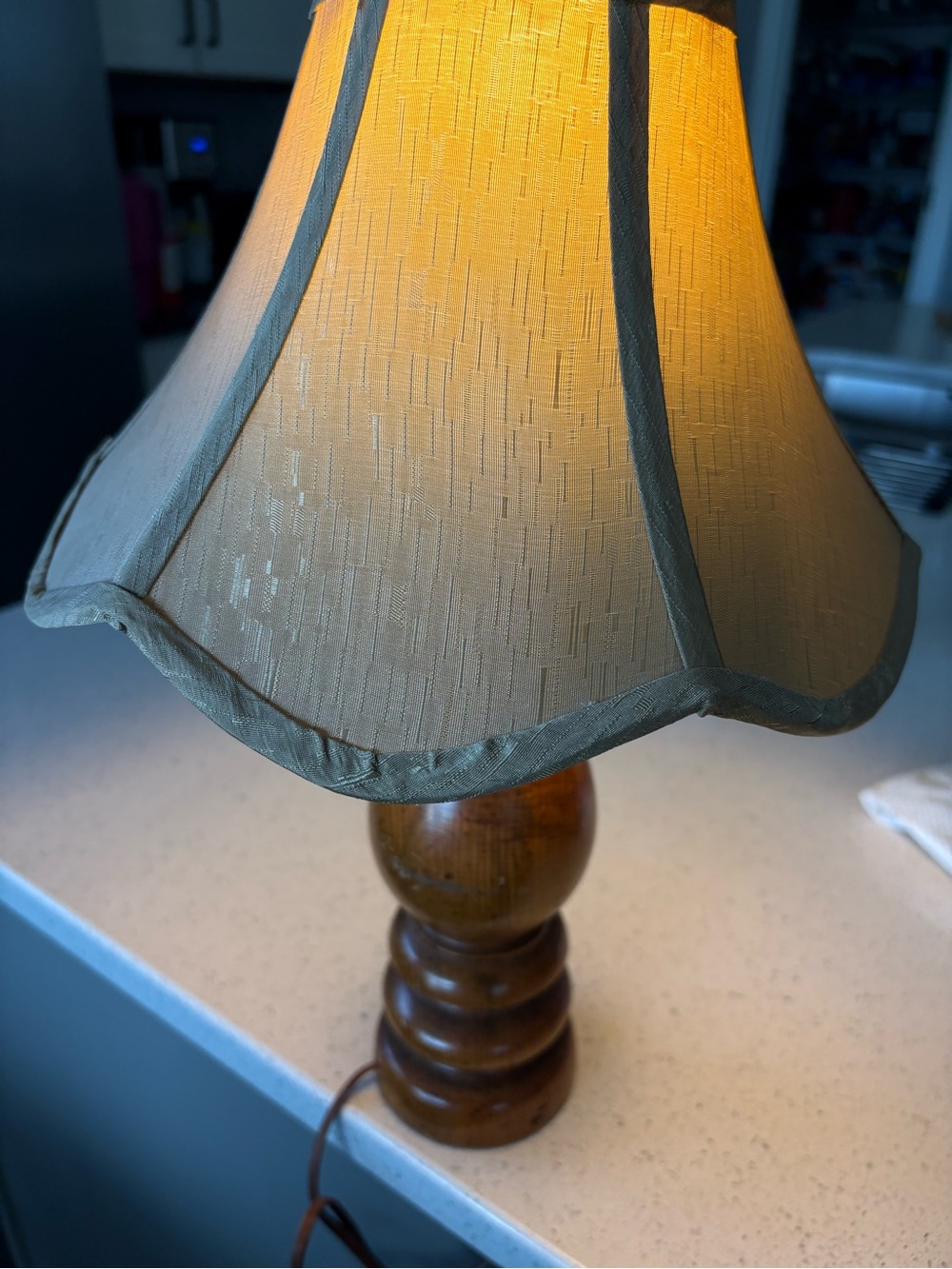 Vintage 1970s Turned Wood Table Lamp w Fabric Shade MCM Cottage Decor